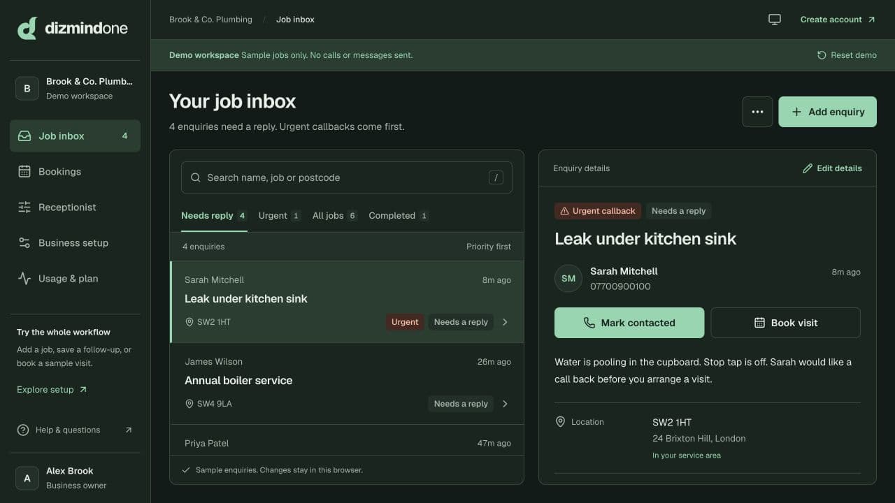 Dizmind One's actual demo in dark mode: a priority-sorted enquiry inbox with customer details and follow-up actions