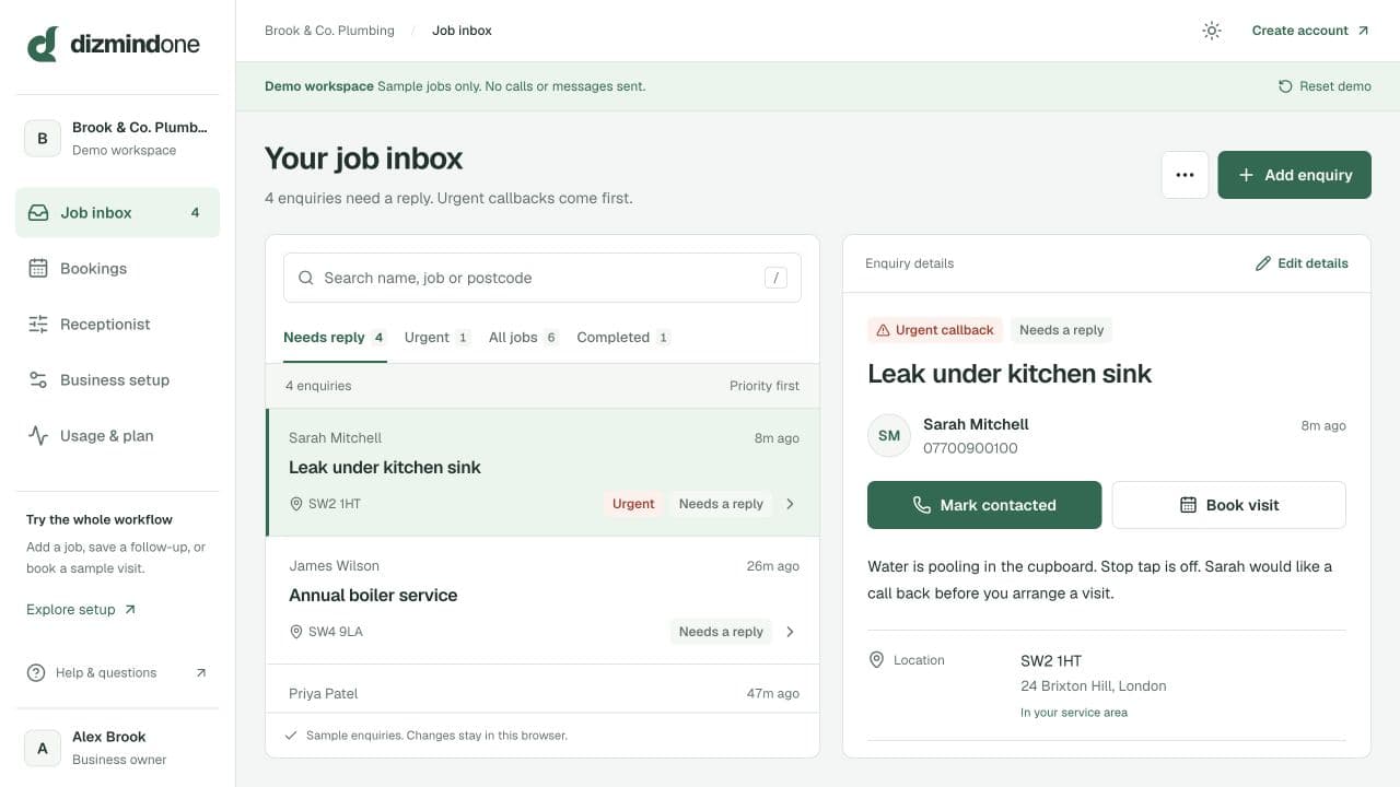 Dizmind One's actual demo: a priority-sorted enquiry inbox with customer details and buttons to follow up or book a visit