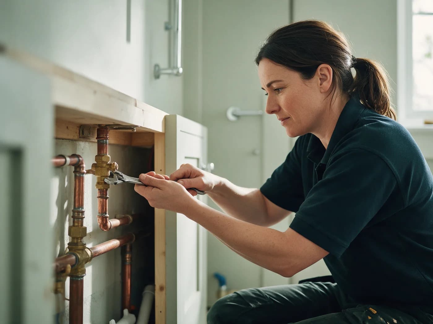 A plumber carefully fitting copper pipework in a kitchen