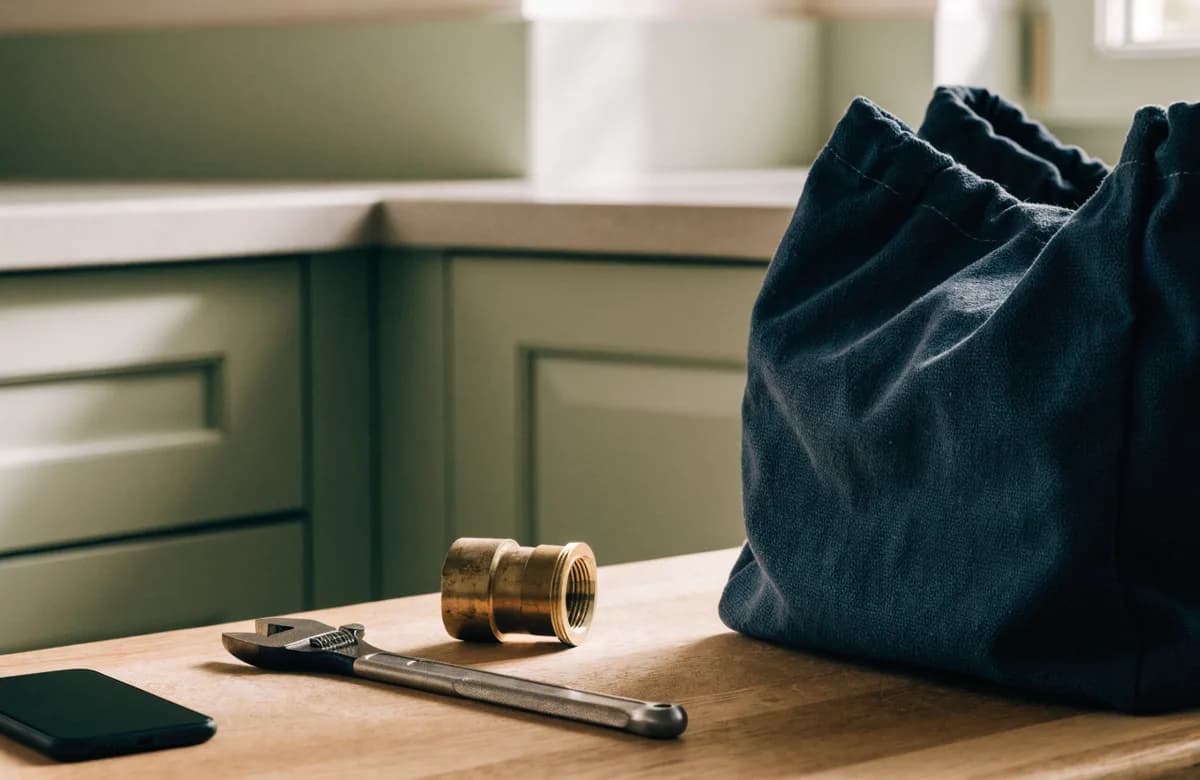 A tradesperson's tool bag, spanner and phone set down on a kitchen worktop